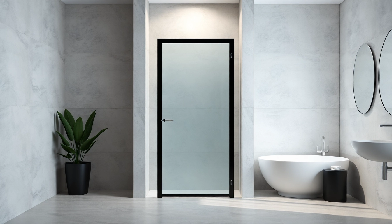 Enhance your space with a stylish black shower door in a modern bathroom setting.