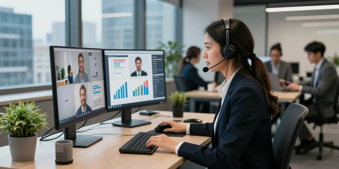 Businesswoman on Telecomshop.nl video call with high-quality headset in modern office