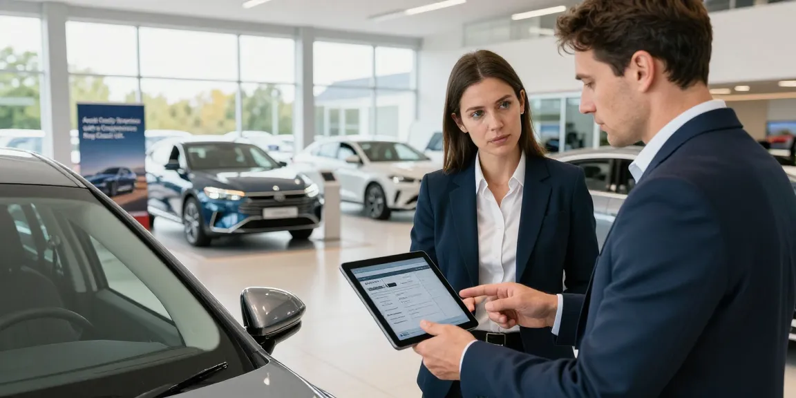 Car buyer using a reg check UK service on a tablet at a modern dealership.