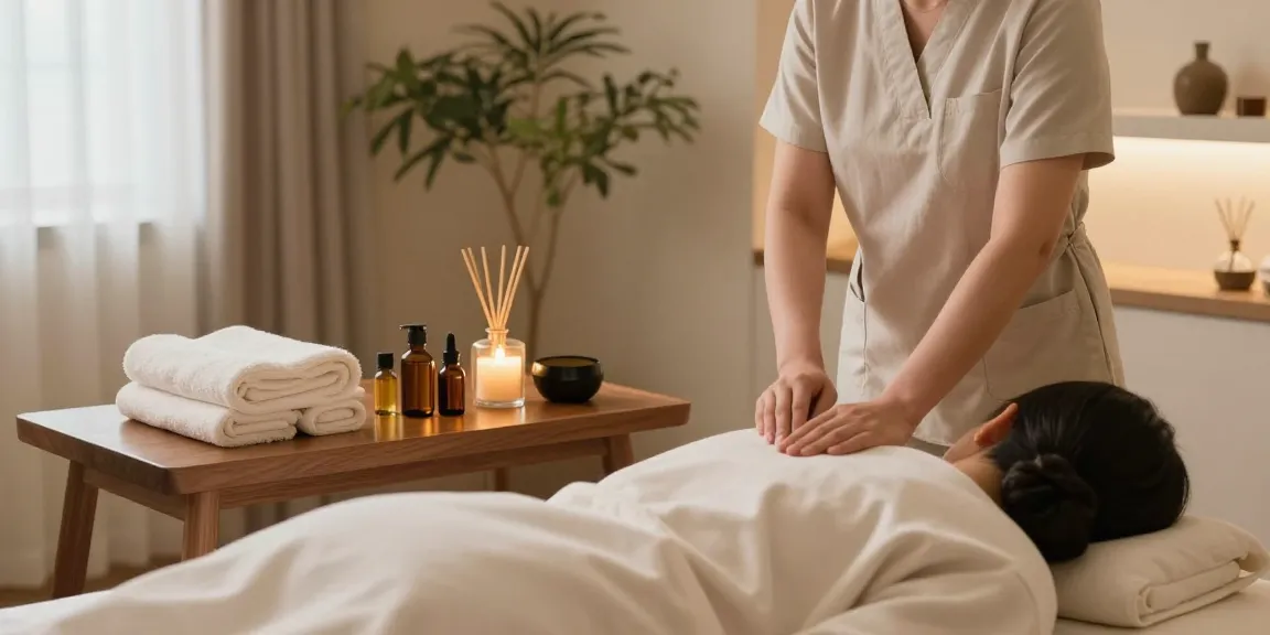 송파출장마사지 session in a tranquil massage therapy room with calming decor.