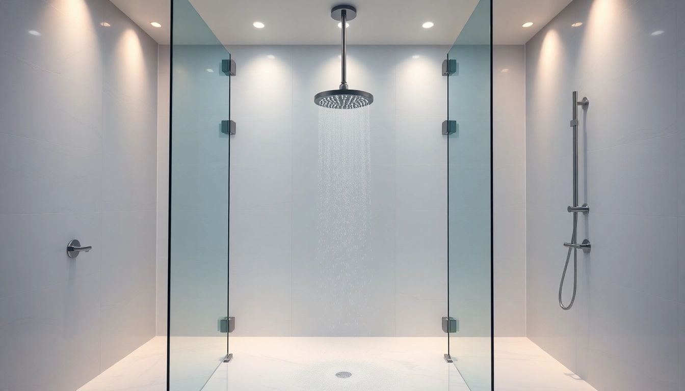 Discover elegant showers au with a luxurious glass enclosure and calming pastel colors.
