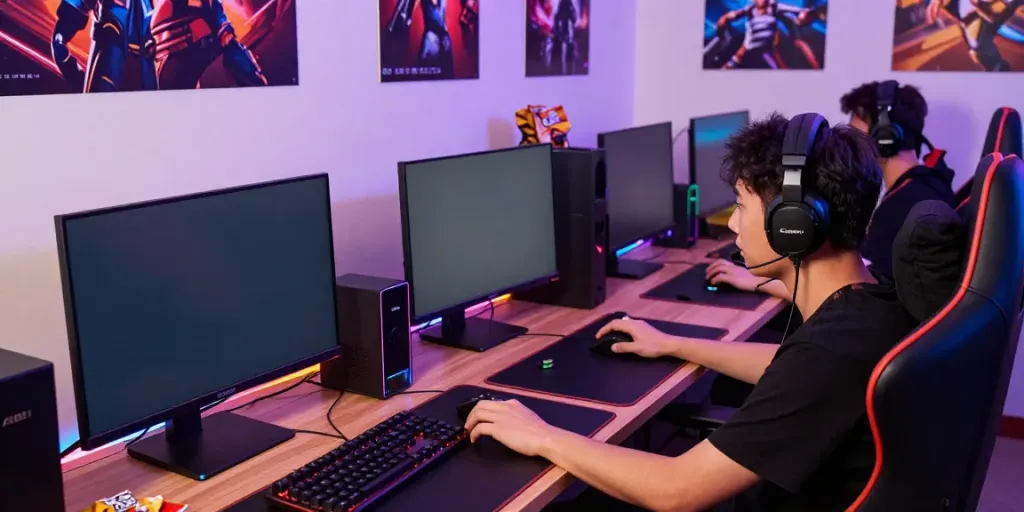 Gamer focused on ROKOK88 login screen with multiple monitors in vibrant gaming setup.