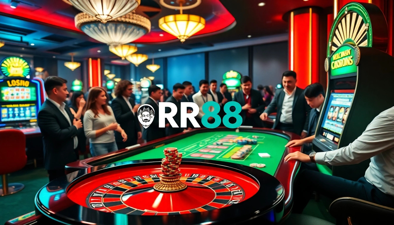 Experience the excitement of RR88 with a vibrant casino scene featuring roulette tables and slot machines.