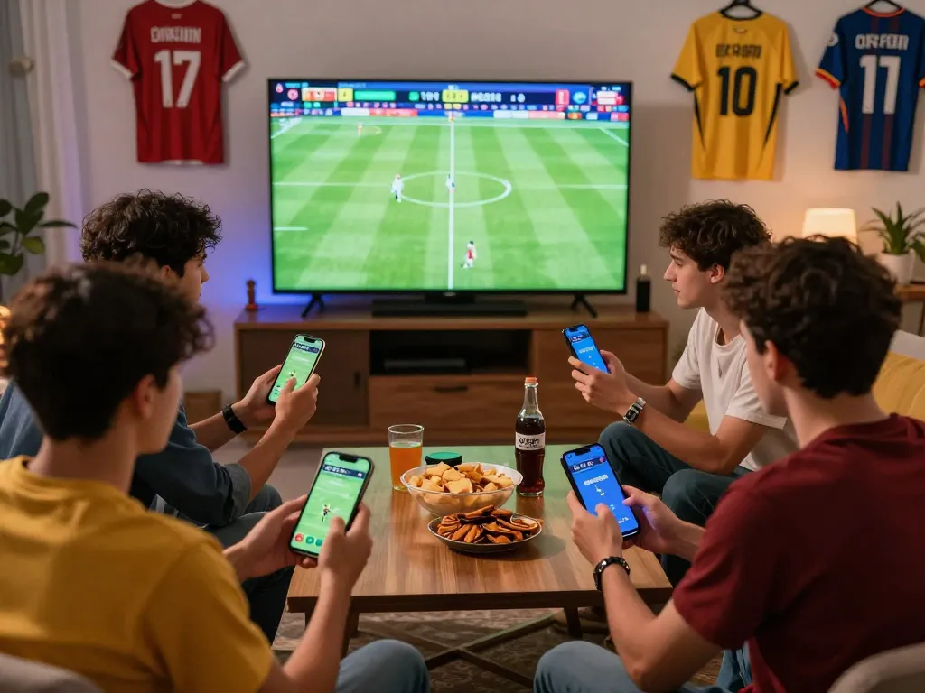Friends enjoying live sports betting on OKFUN platform during a football game night.