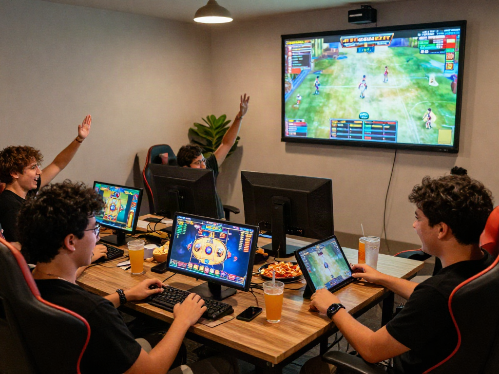 Engaged friends playing situs gacor slots in a vibrant gaming lounge.