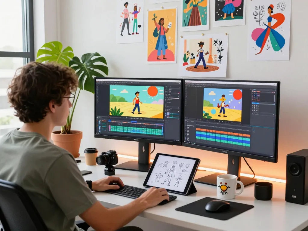 Animator using Kling motion technology to create dynamic videos in a creative studio.