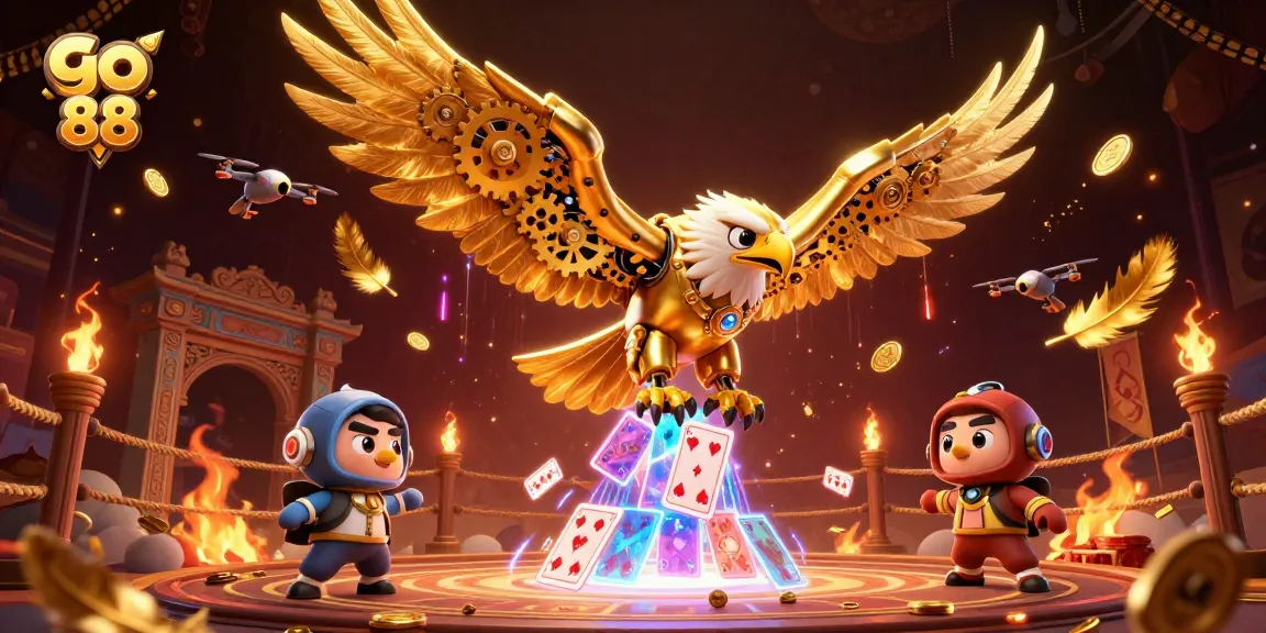 Experience go 88 with a thrilling 3D scene showcasing a cybernetic eagle among holographic playing cards.
