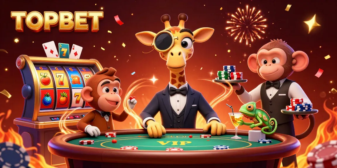 Experience the excitement of TOPBET with a dynamic casino scene featuring high-stakes action and vibrant characters.
