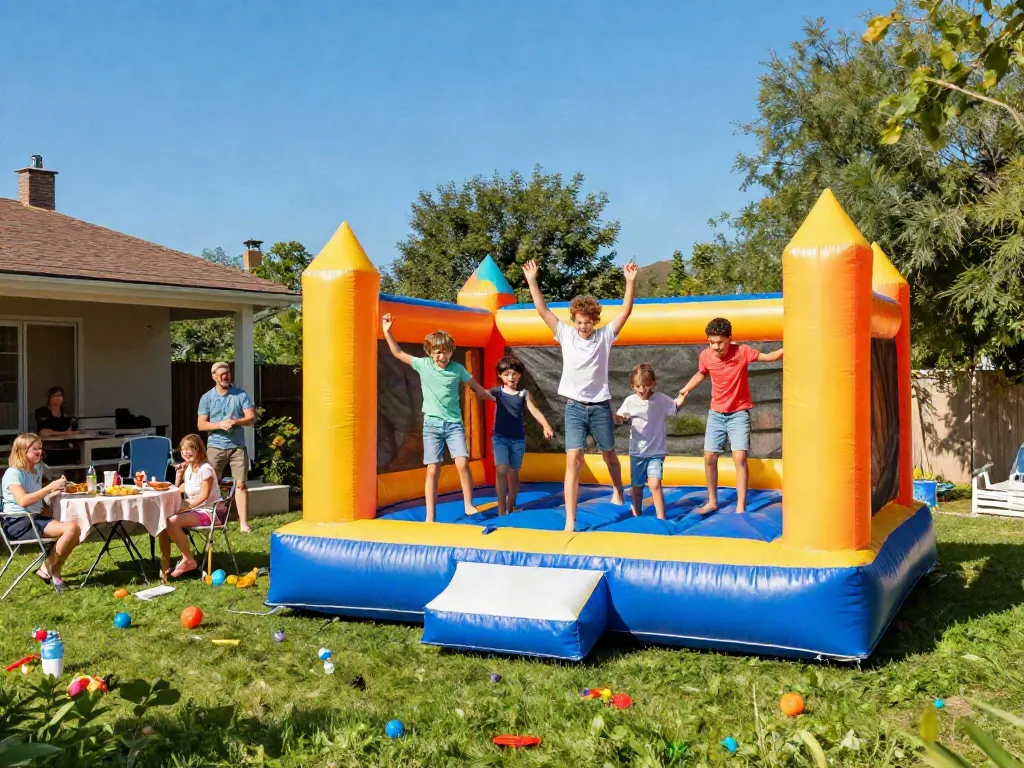 Children enjoying a bounce house for sale in a vibrant backyard setting