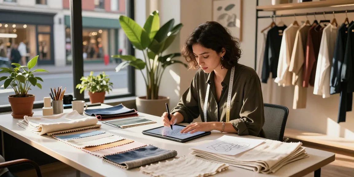 Explore premium fabric options at https://bahanpakaian.com with a designer sketching in an urban setting.