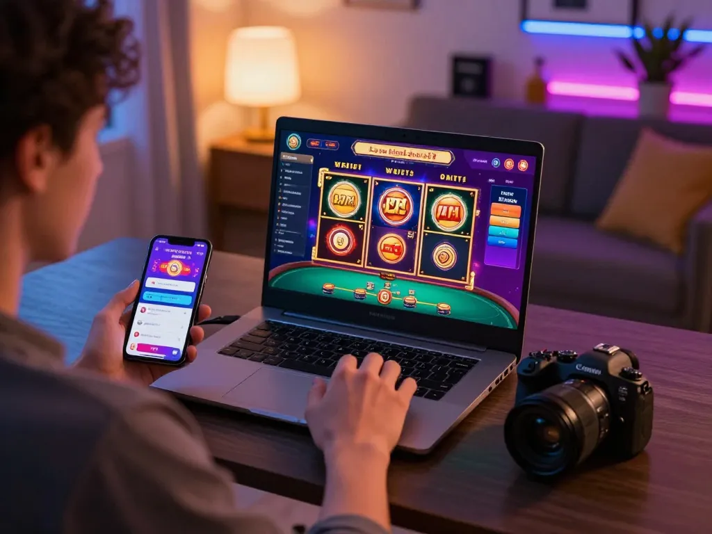 FC88 player engaging in strategic online betting using a laptop and smartphone in a stylish home environment.