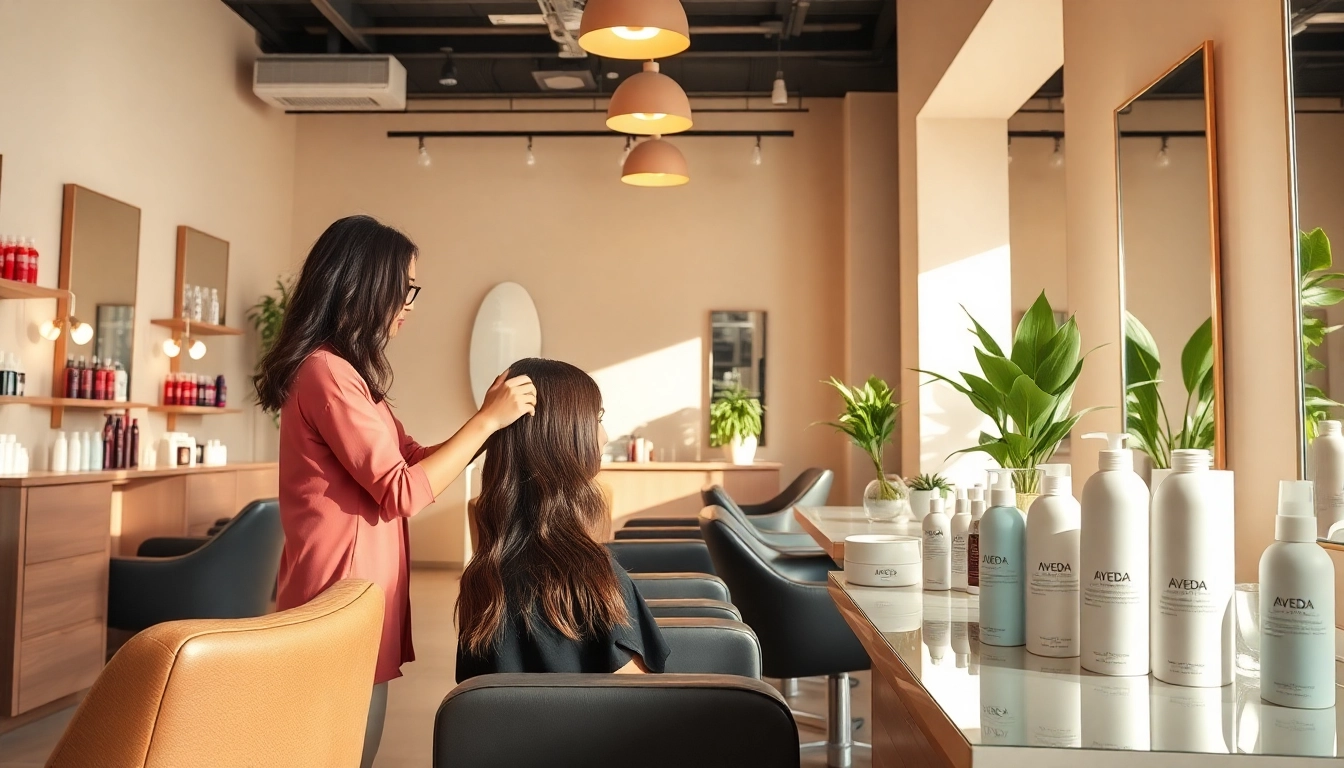 Perm san diego service in a stylish salon, featuring bright lighting and Aveda products.