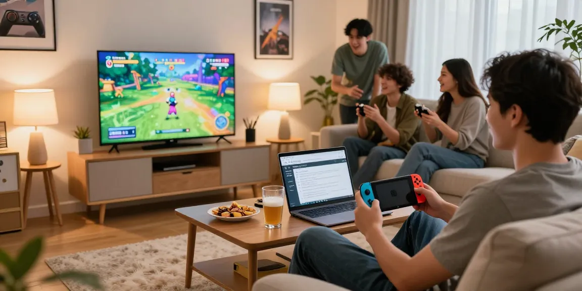 Nintendo Switch roms gaming gathering in a cozy living room with friends.