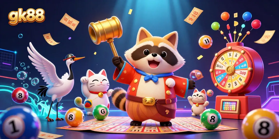 Engage with gk88's vibrant lottery-themed illustration featuring lucky symbols and joyful characters.