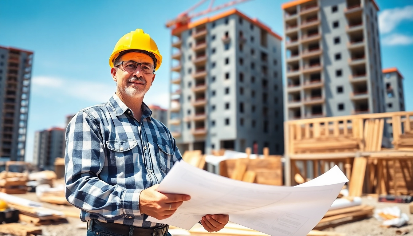 Skilled New Jersey General Contractor analyzing blueprints on a construction site.