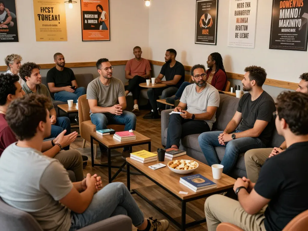 Men discussing wellbeing and support in a welcoming man club environment