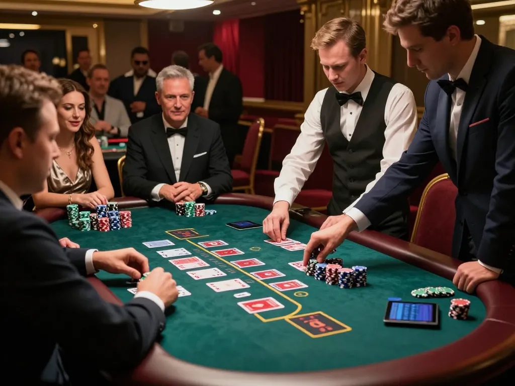 Players engaging in intense blackjack at a casino table, showcasing 7me among chips and cards
