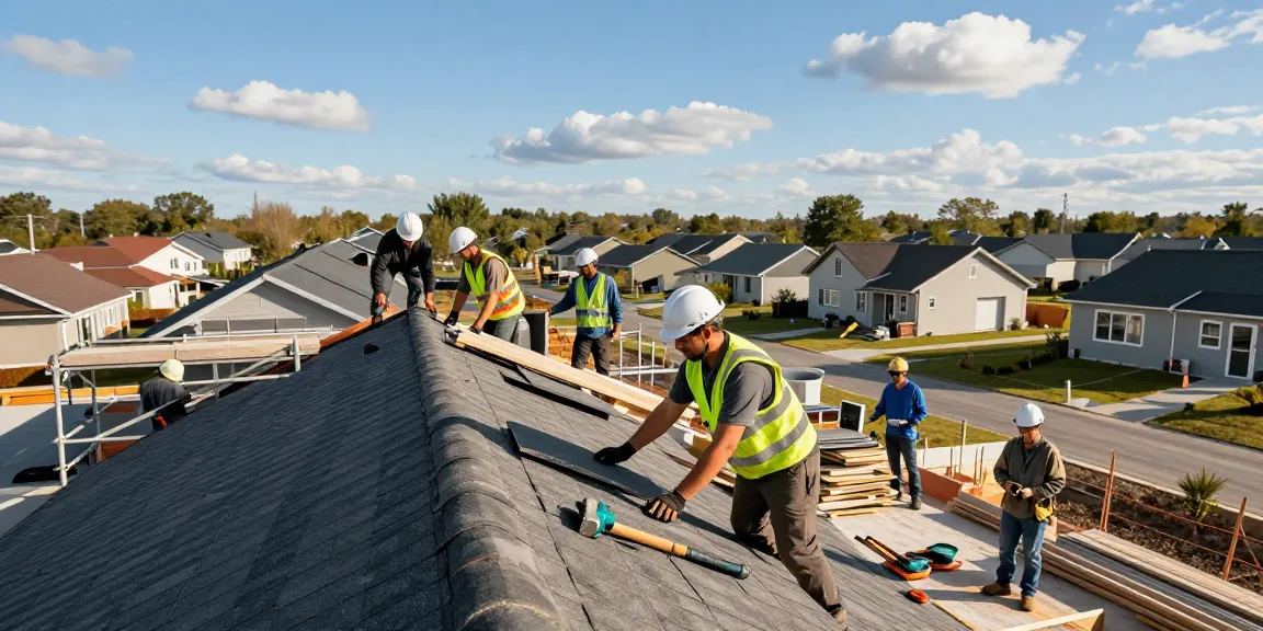Construction workers on site for entreprise de toiture à seraing, laying roofing materials on residential building under sunny skies.