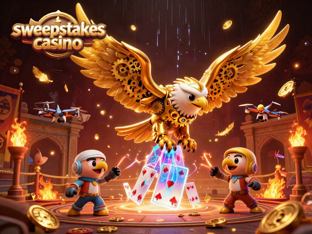 Engage with thrilling gameplay in a sweepstakes casino, featuring a cybernetic eagle amidst vibrant card magic.