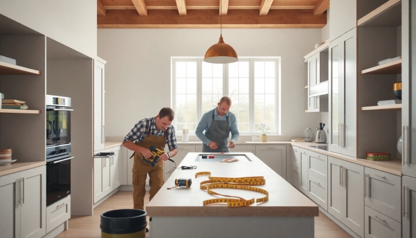 Skilled kitchen fitters near me installing modern cabinetry in a bright, airy kitchen.