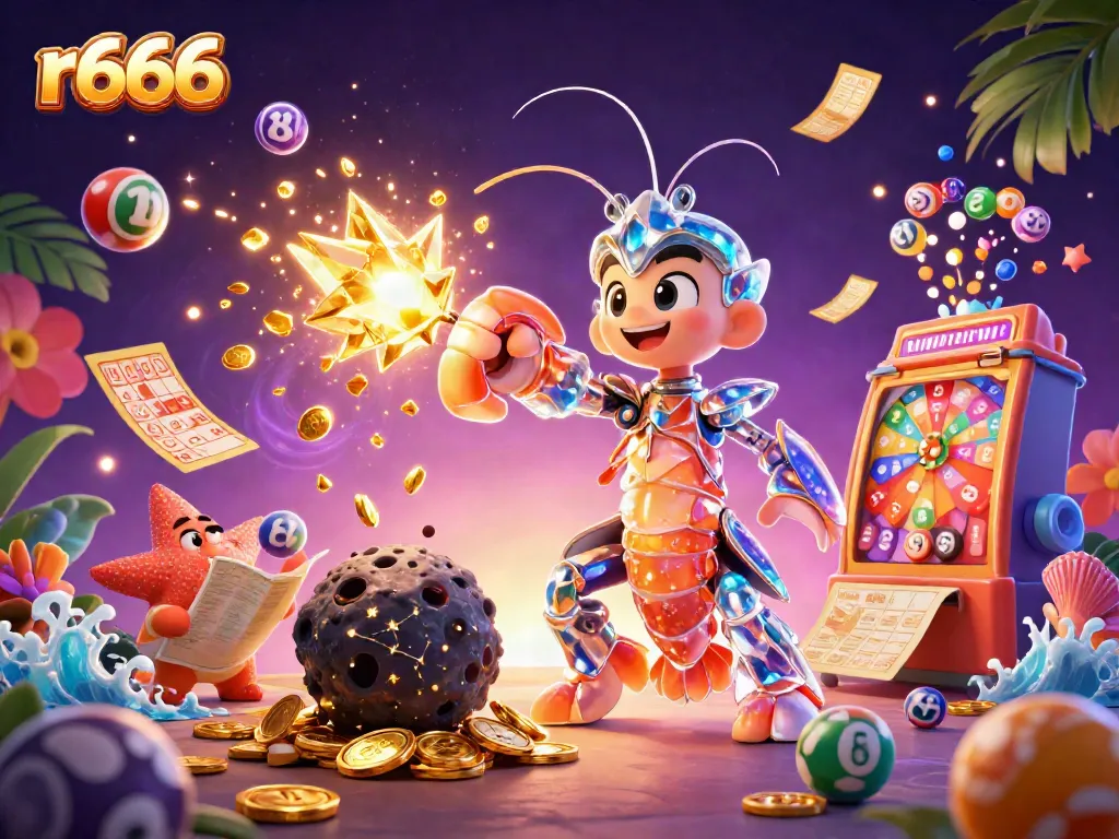 Experience thrilling moments at r666 with dynamic illustrations of games and rewards in a vibrant casino universe.