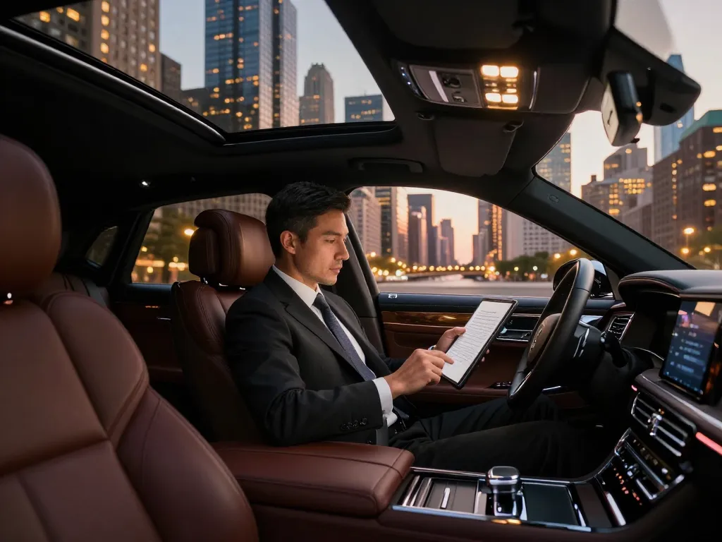 Chicago black car service in a luxurious Lincoln Continental, showcasing elegant interior and city skyline.