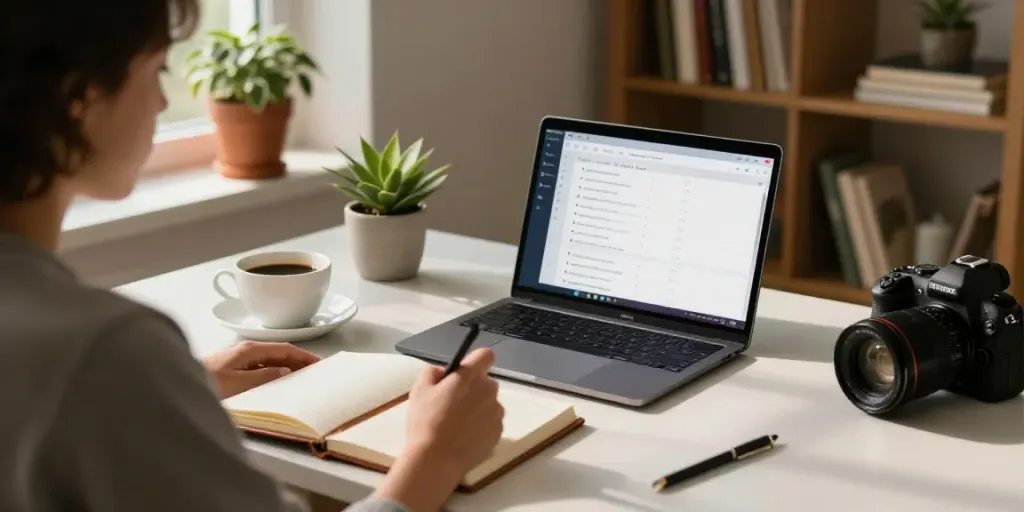 Person engaging in writing a digital diary in a cozy workspace, reflecting rokok88.