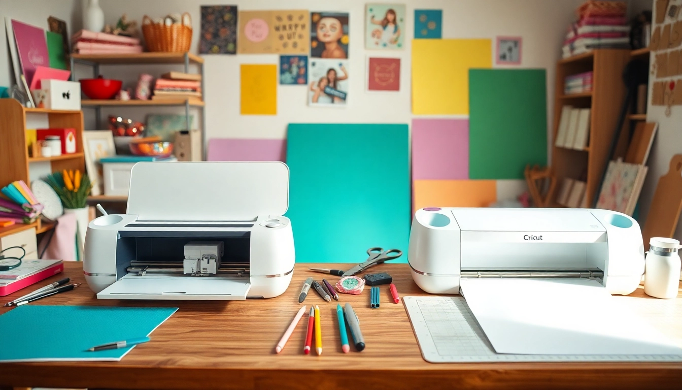 Side-by-side comparison of silhouette vs cricut machines in a vibrant crafting workspace.