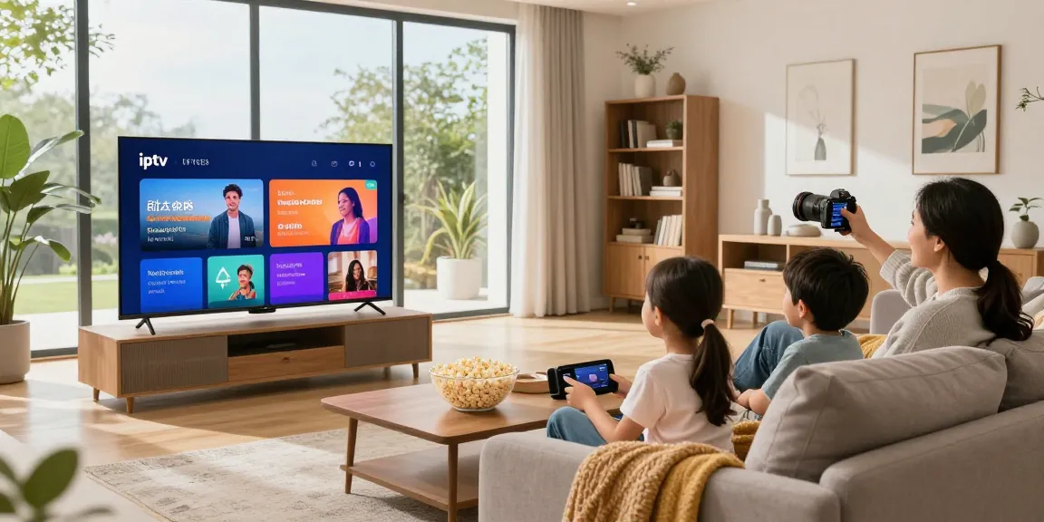 Family enjoying IPTV services with Smart TV in a cozy living room, showcasing iptv-aanbieders.com.