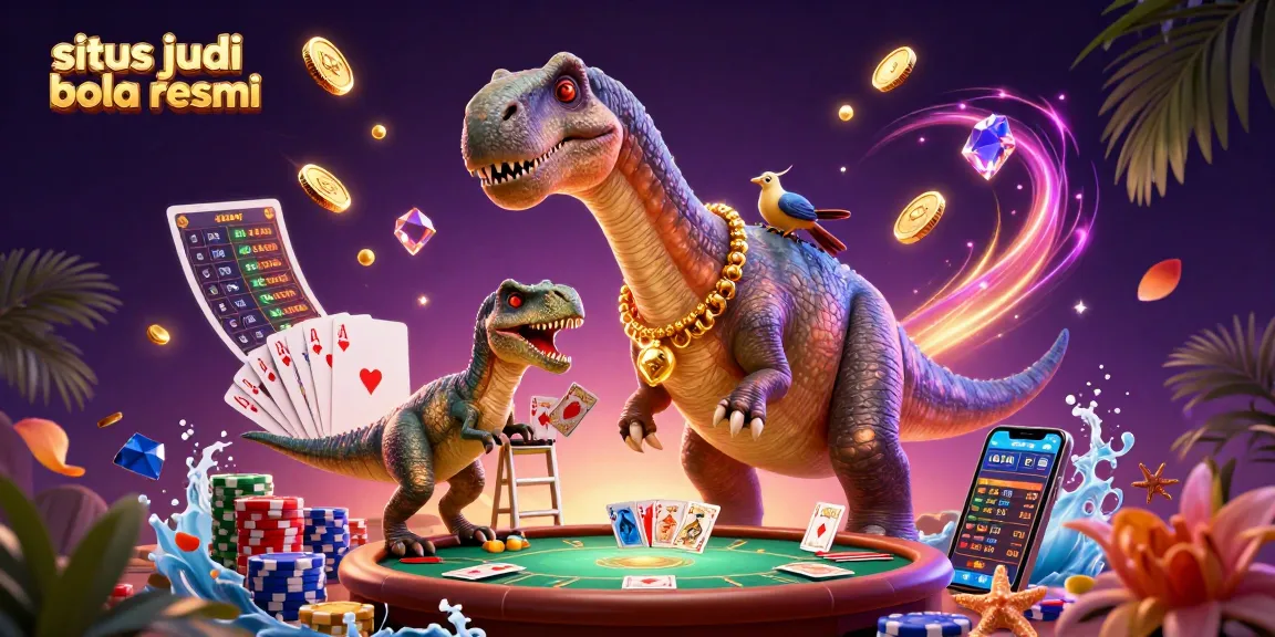 Experience the excitement of situs judi bola resmi in a vibrant 3D casino scene with a brontosaurus and dynamic betting action.