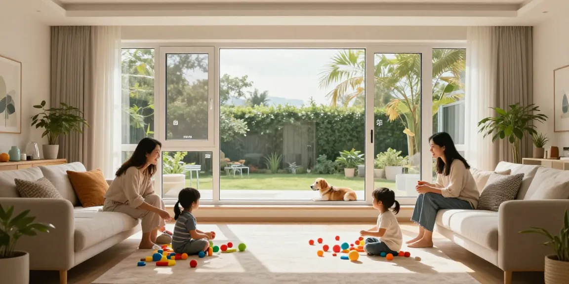 Family enjoying a bright living room with Steko's energy-efficient plastic windows, promoting comfort and style.
