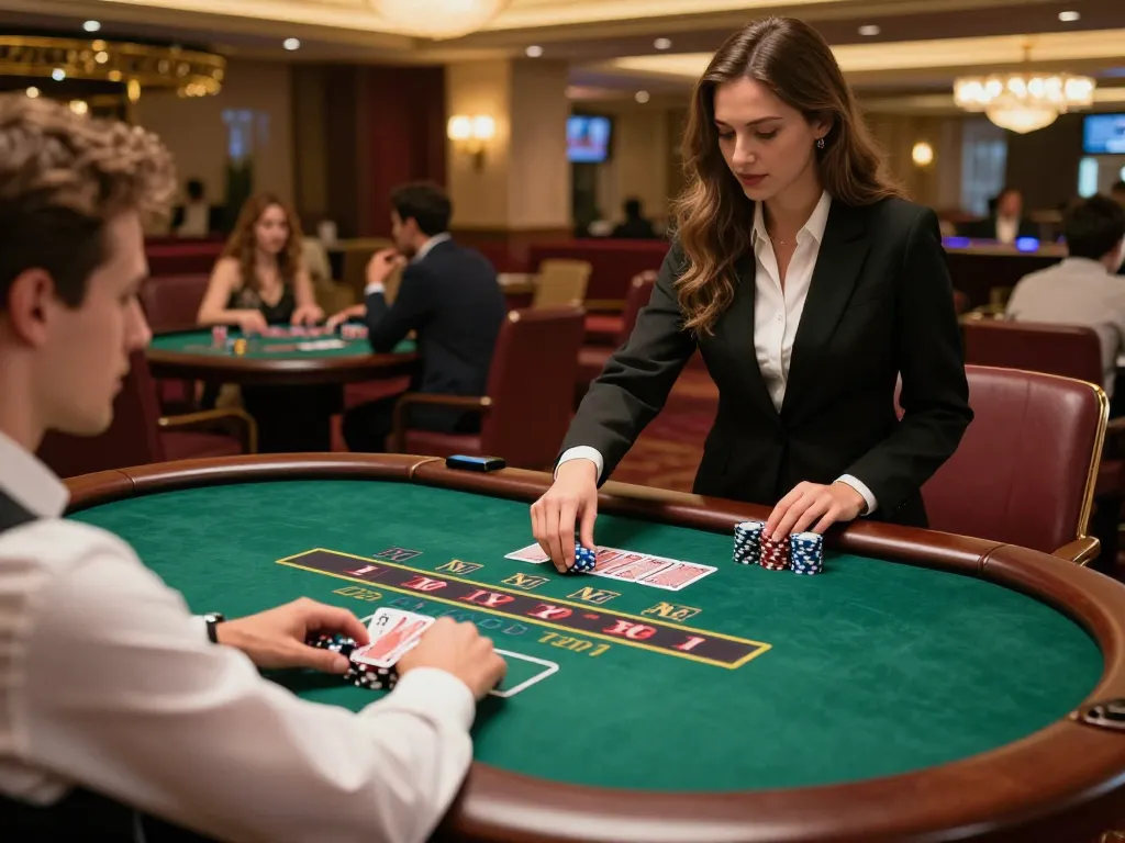 Players enjoy a strategic blackjack game at a luxurious casino table, highlighting net88 betting excitement.