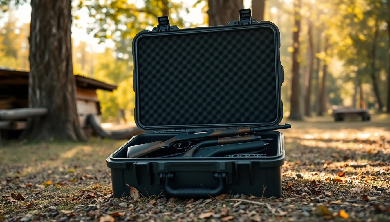Pelican gun case for sale shown in an outdoor setting with a guns arrangement.