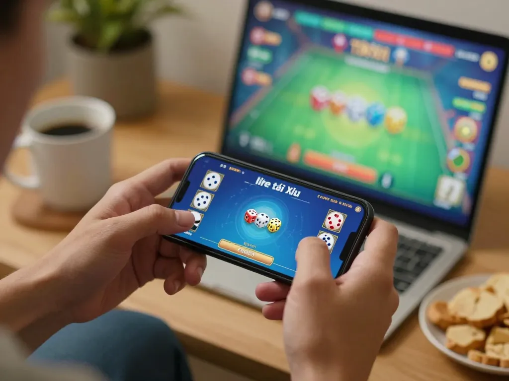 Player engaging in Tài Xỉu online betting at taixiuonline.za.com, enjoying a lively gaming experience with smartphone.