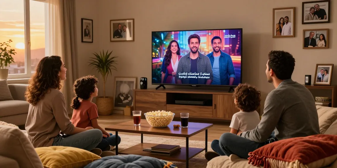 Family enjoying مسلسل، مسلسلات تركية، مسلسلات عربية in cozy living room.