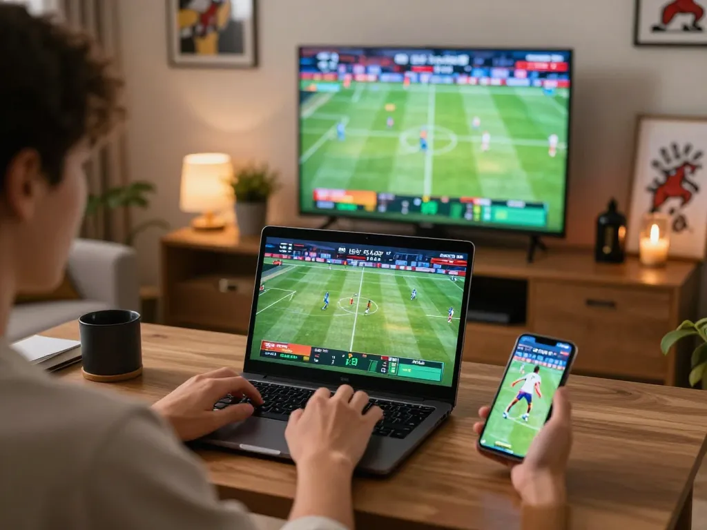 Engaged player strategizing sports bets on 88xeng from cozy home office, elevated excitement.