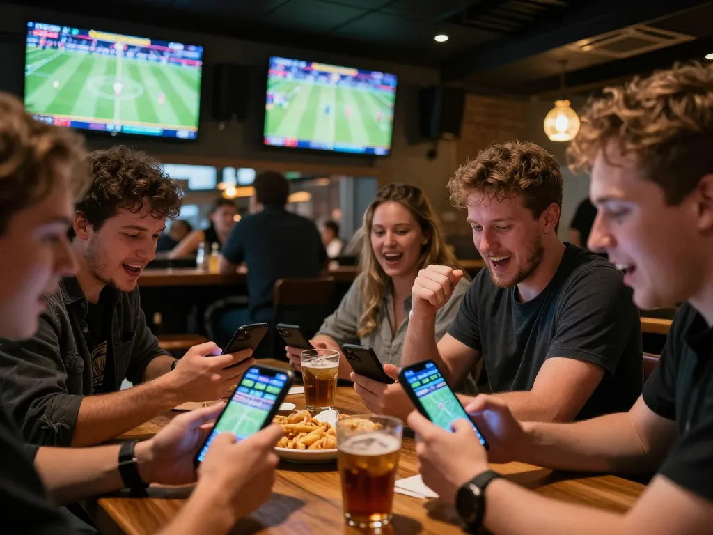 Tỷ lệ kèo nhà cái hôm nay displayed on mobile betting app in a lively sports bar