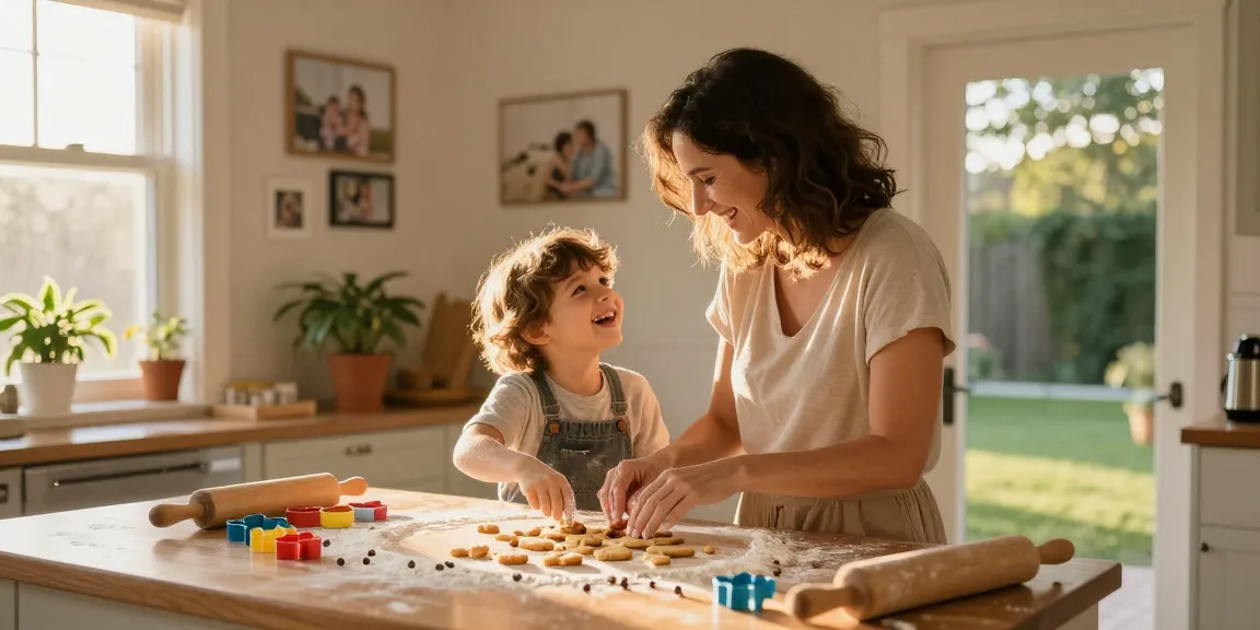 Family baking cookies together in a cozy kitchen at thestorybookstomach.com, celebrating joyful moments.