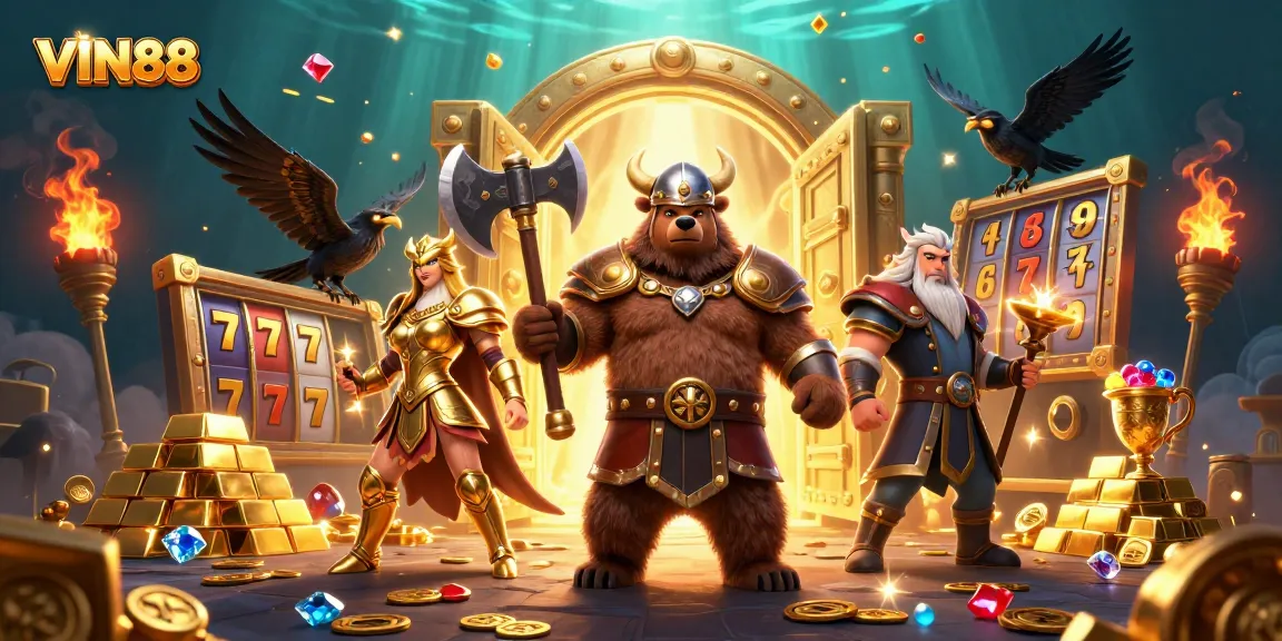 Experience the excitement of VIN88 with a Viking-themed slot game scene full of treasure and adventure.