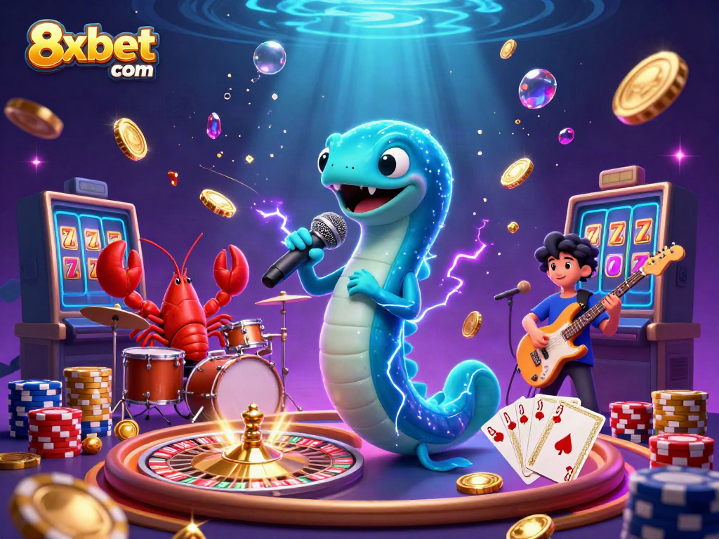 Experience thrilling games at 8xbet com with vibrant underwater casino characters and dynamic gold coin action.