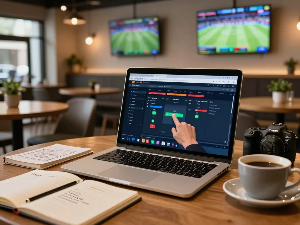 Antarmuka taruhan olahraga SBOBET88 ditampilkan di laptop di kafe yang nyaman dengan taruhan aktif.