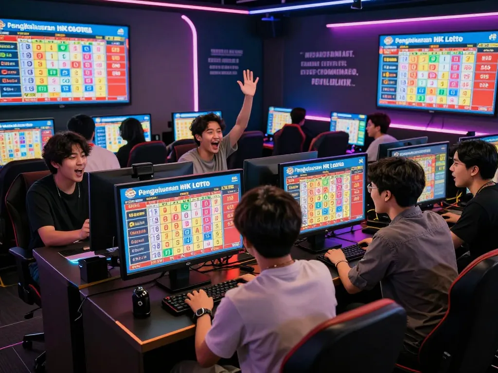 Pemain yang terlibat meninjau hasil Pengeluaran HK Lotto di layar digital dalam lingkungan permainan yang energik.