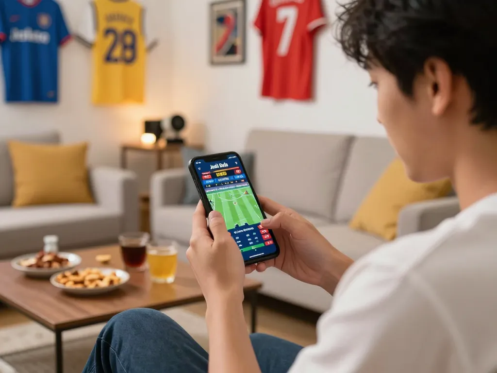 Orang yang bersemangat menggunakan smartphone untuk taruhan Judi Bola selama acara olahraga langsung