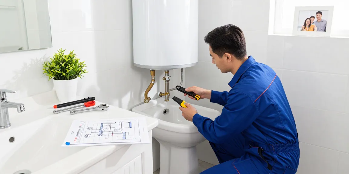 Professional plumbers in Singapore installing a new water heater in a modern bathroom with tools and plumbing diagrams.