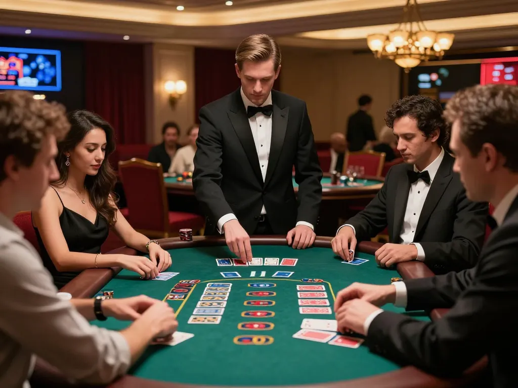 Players strategizing at an lv88 casino blackjack table, showcasing intense game moments and elegant decor.