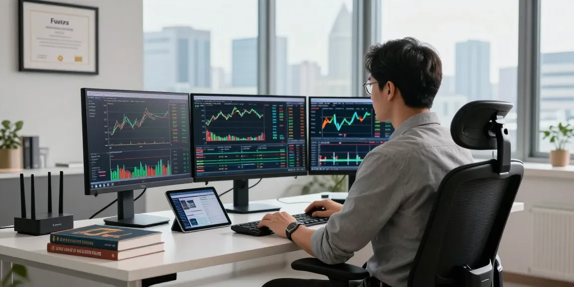 Trader utilizing futures trading VPS in a sleek office with multiple monitors showing live trading data.