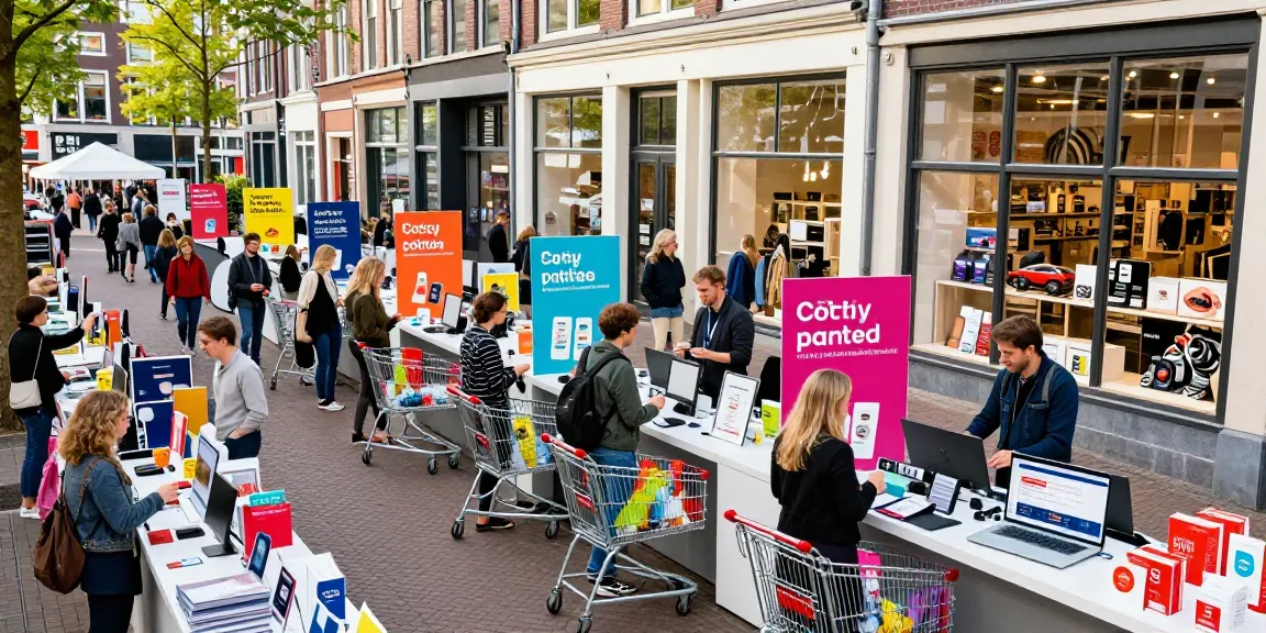 Vibrant e-commerce shopping scene featuring diverse shoppers engaged in a discount code website in netherlands.