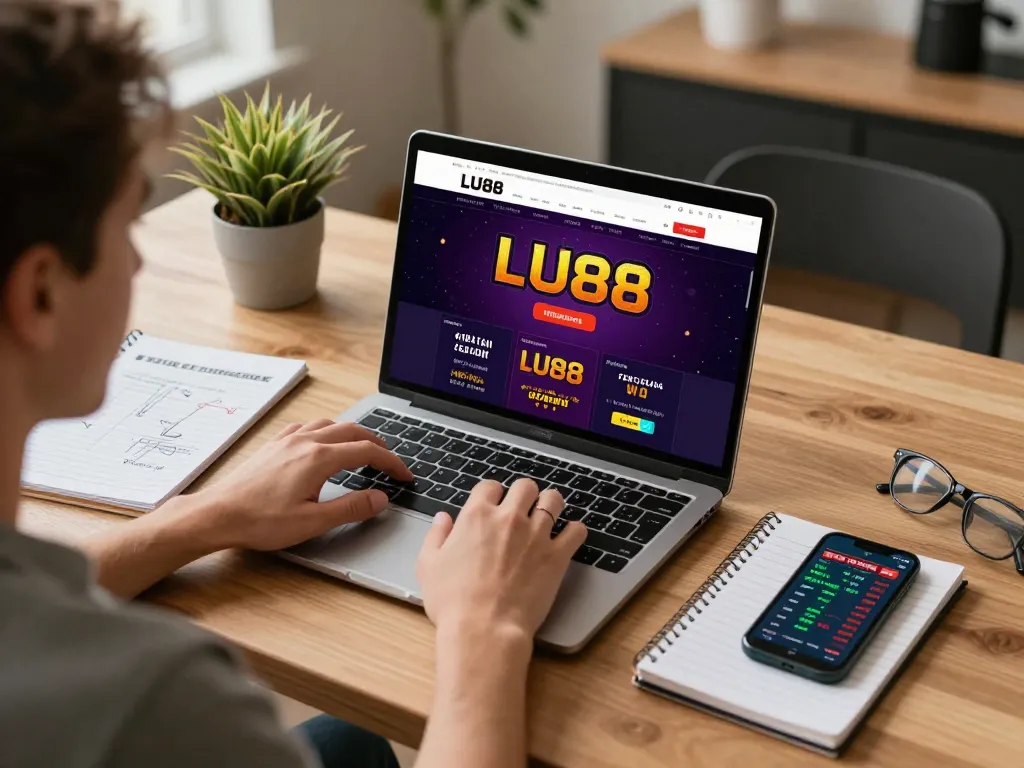 Player engaging with LU88 online casino, focusing on betting strategies with notes and mobile app.