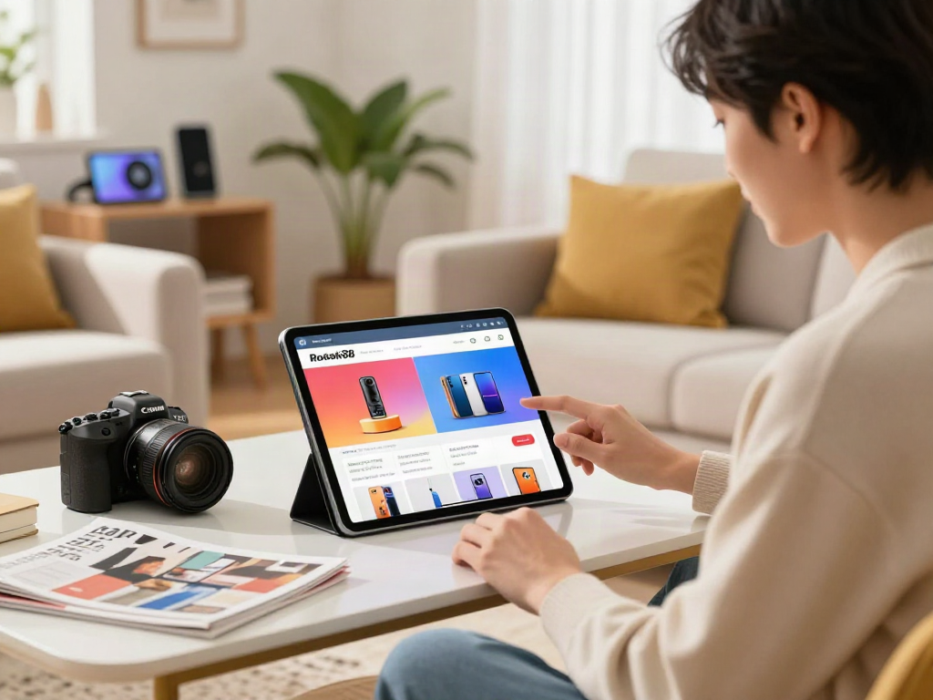 Engaging scene of a young adult using a tablet to access the rokok88 login interface in a stylish living room.