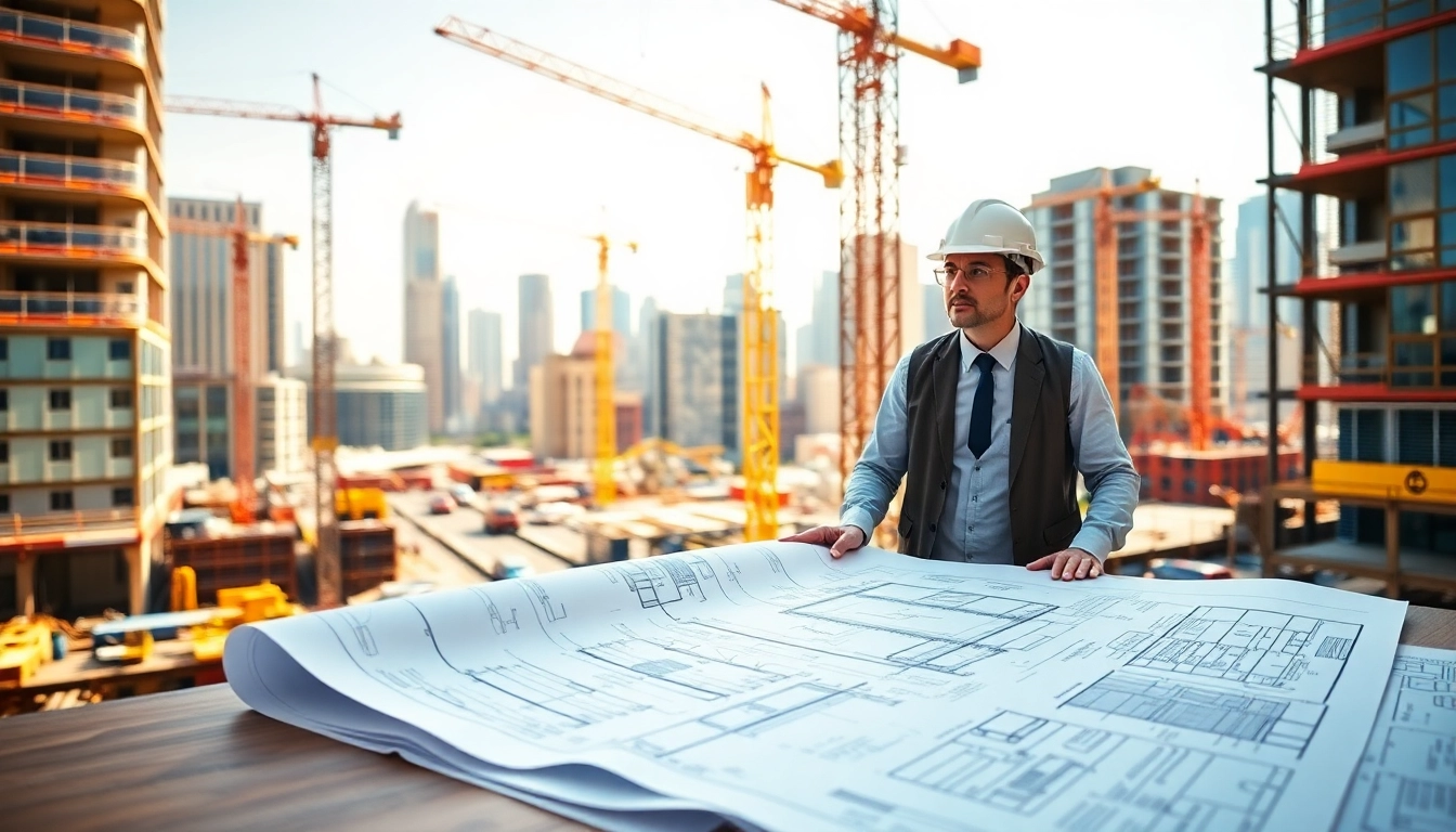 Manhattan Construction Manager guiding a busy construction site with blueprints; leadership in action.